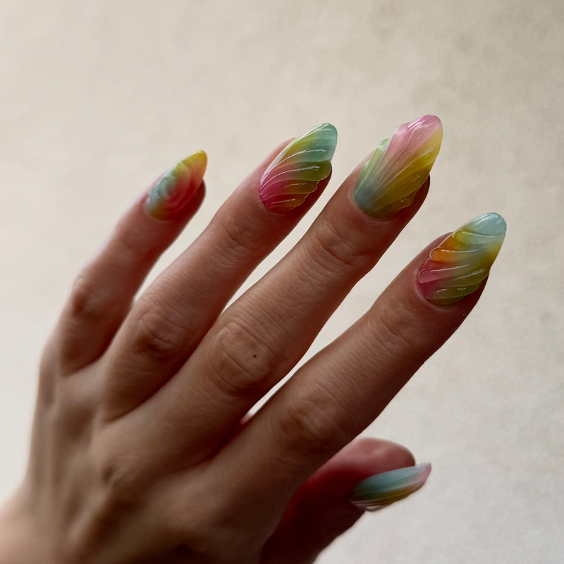 Faux ongles réutilisables fait main press on nails 3D gouttes multicolore tie and die dégradé