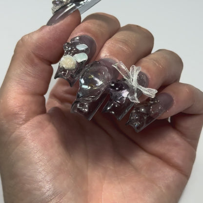 Press on Nails 3D relief bijoux transparence carré long noir