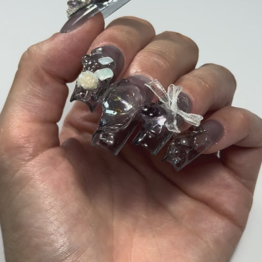 Press on Nails 3D relief bijoux transparence carré long noir