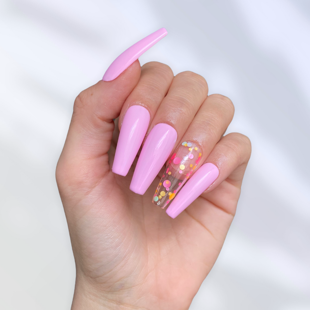 faux ongles rose coffin long candy style bonbon press on nails fait main