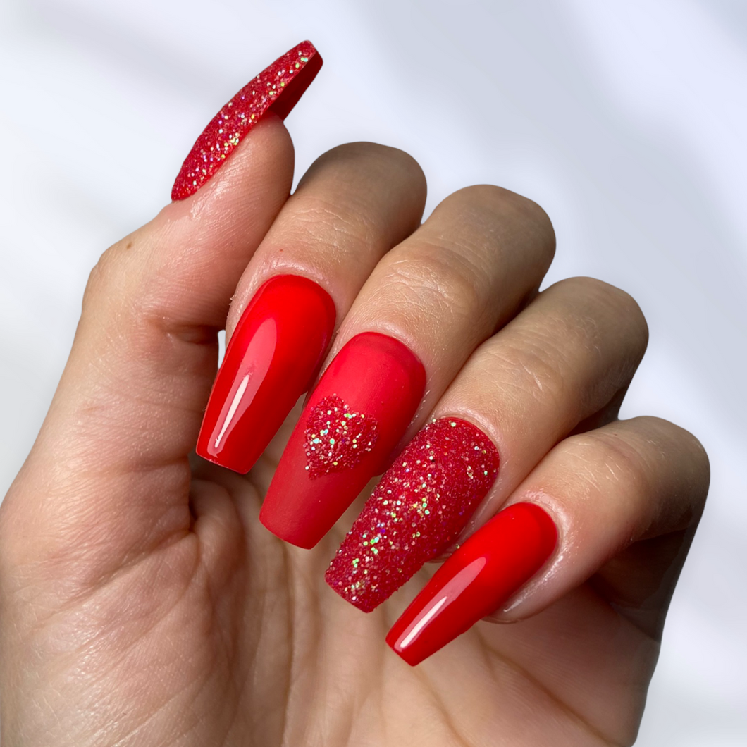 faux ongles saint Valentin rouge paillettes press on nails fait main